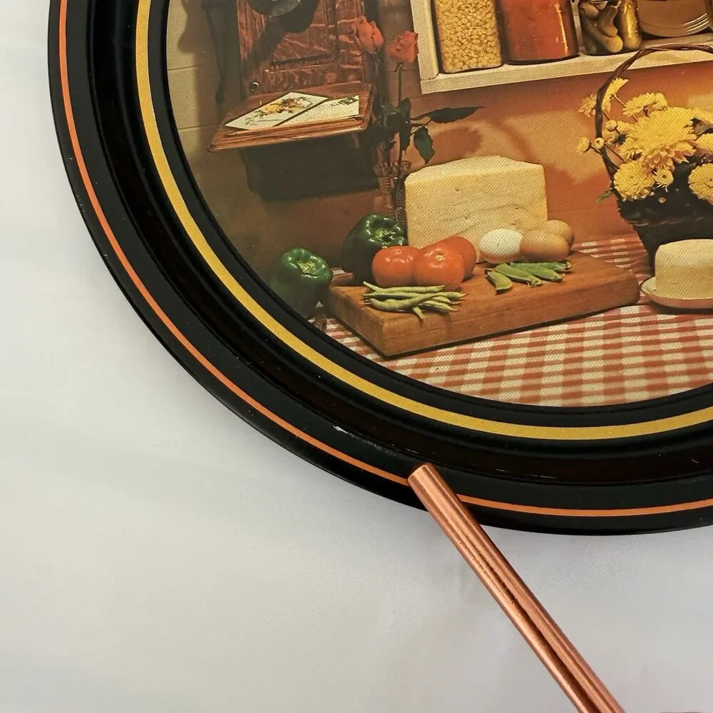 Vintage MCM Metal Serving Round TRAY Whimsical Food Country Store Oil Lamp 12